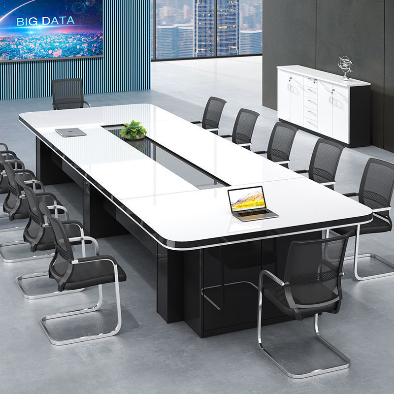 办公室大型烤漆会议桌长桌简约现代办公桌会议室培训桌椅6人组合